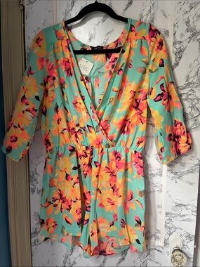 UK2LA Floral Mint Romper with Yellow & Pink Flowers